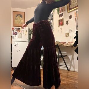 Red velvet wide leg pants